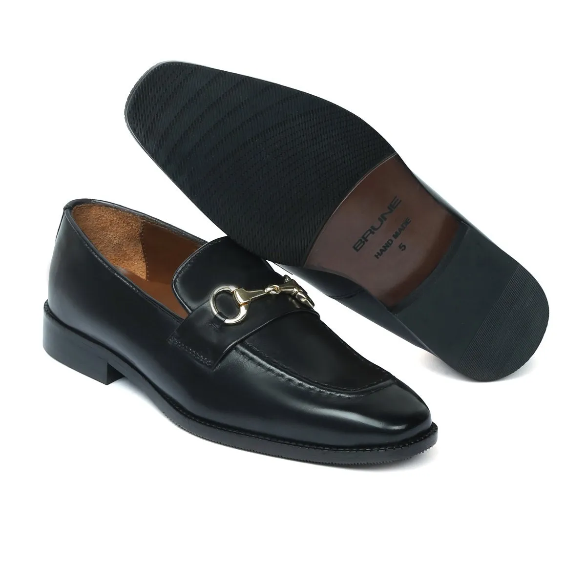 Black Leather Penny Loafers with horse-bit buckle