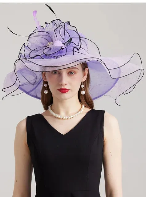 FS 2024 Kentucky Derby Hats For Women Organza Sun Cap Feather Flower Wedding Bride Church Cocktail Tea Party Fedora Female