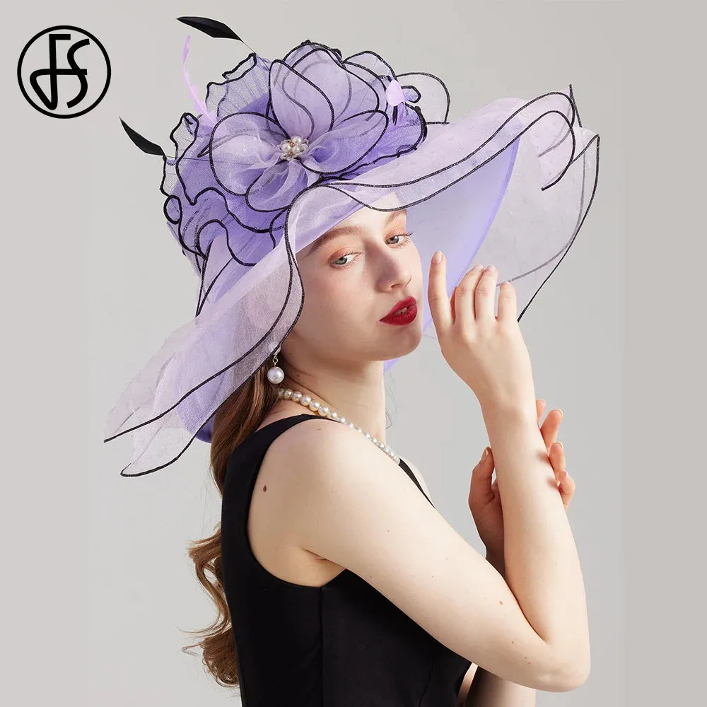 FS 2024 Kentucky Derby Hats For Women Organza Sun Cap Feather Flower Wedding Bride Church Cocktail Tea Party Fedora Female
