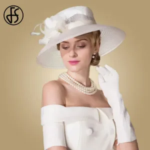 FS Fascinators White Weddings Sinamay Hat For Women Wide Brim Hats Fedora Vintage Ladies Church Dress Derby Hats