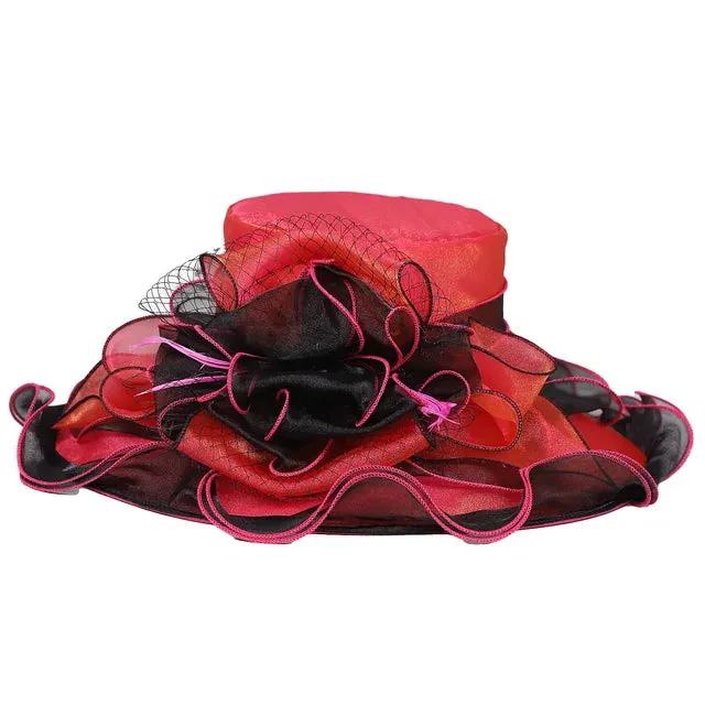 FS Organza Kentucky Derby Hats For Women With Veil Flower Feather Wedding Church Cocktail Party Ruffles Brim Fascinator Cap 2024