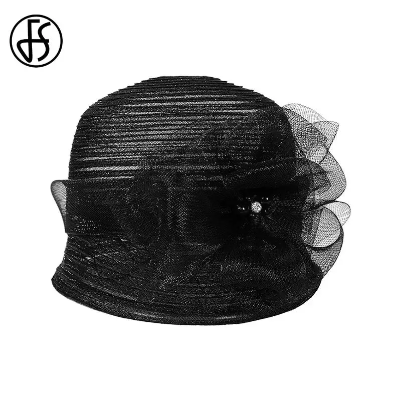 FS White Hats For Women Wide Brim Fedora Hat Beach Elegant Organza Flower Ladies Black Floppy Sun Caps Chapeau Femme