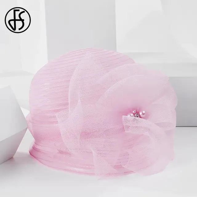 FS White Hats For Women Wide Brim Fedora Hat Beach Elegant Organza Flower Ladies Black Floppy Sun Caps Chapeau Femme