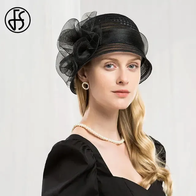 FS White Hats For Women Wide Brim Fedora Hat Beach Elegant Organza Flower Ladies Black Floppy Sun Caps Chapeau Femme