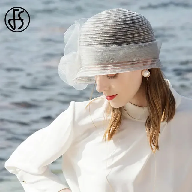 FS White Hats For Women Wide Brim Fedora Hat Beach Elegant Organza Flower Ladies Black Floppy Sun Caps Chapeau Femme