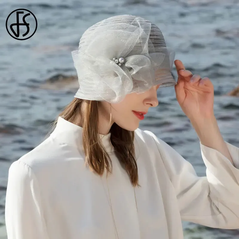 FS White Hats For Women Wide Brim Fedora Hat Beach Elegant Organza Flower Ladies Black Floppy Sun Caps Chapeau Femme