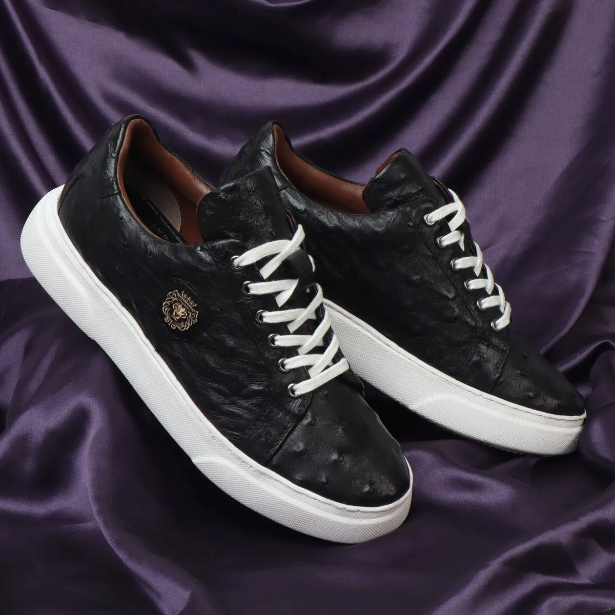 Low Top Sneakers With White Sole in Real Ostrich Black Leather