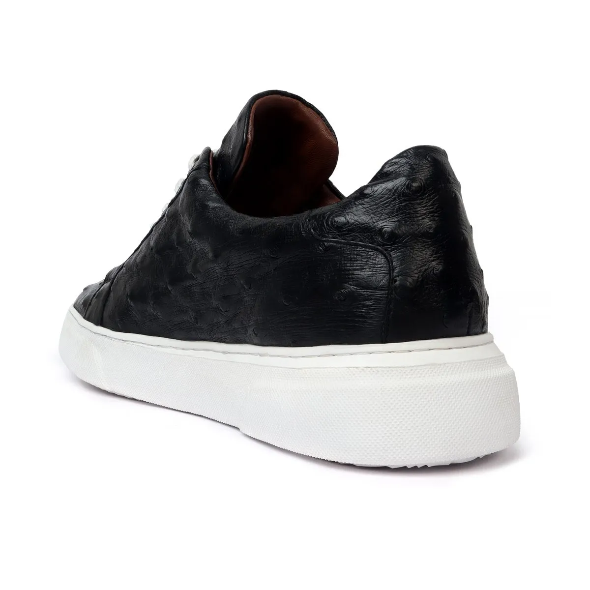 Low Top Sneakers With White Sole in Real Ostrich Black Leather