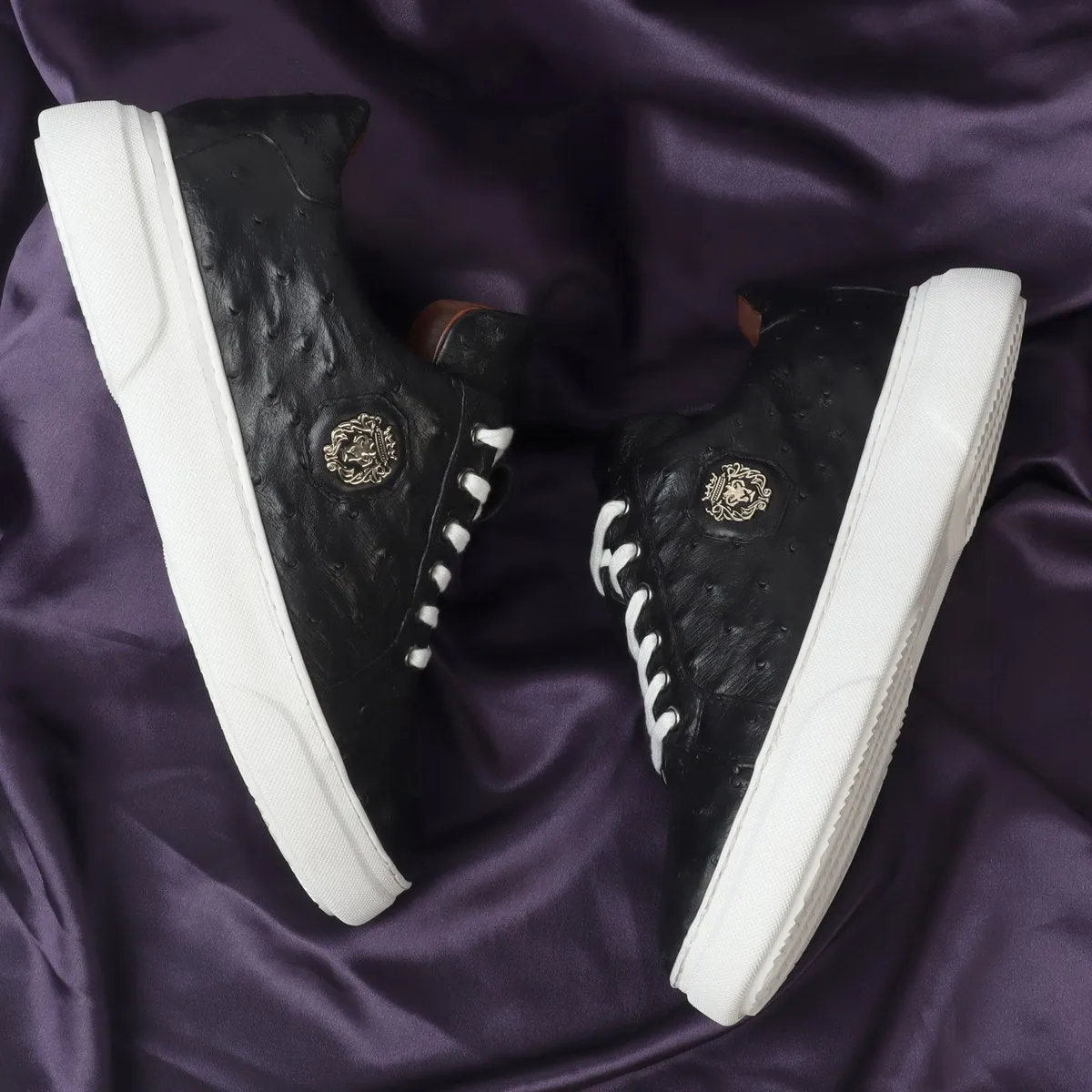 Low Top Sneakers With White Sole in Real Ostrich Black Leather