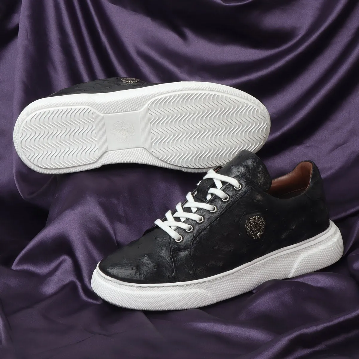 Low Top Sneakers With White Sole in Real Ostrich Black Leather