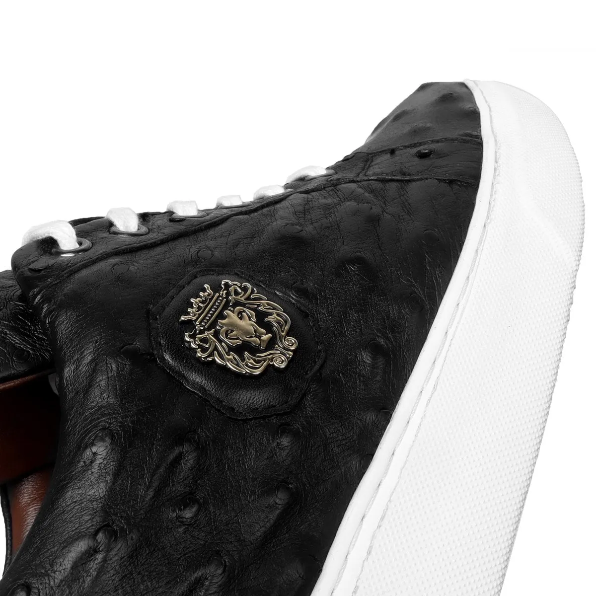 Low Top Sneakers With White Sole in Real Ostrich Black Leather