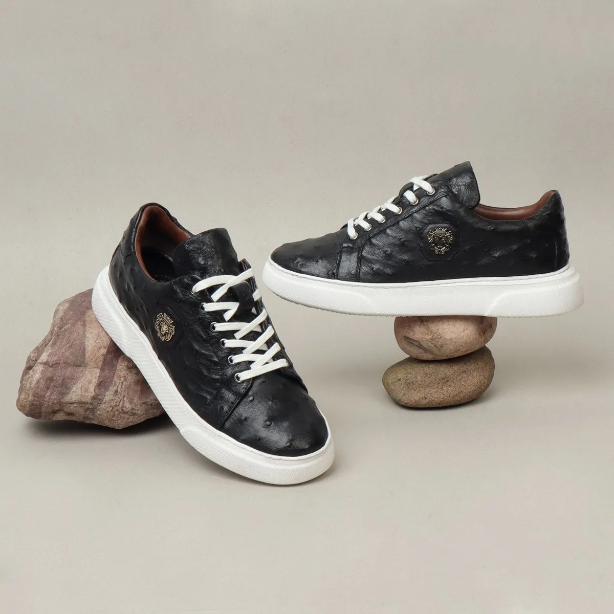 Low Top Sneakers With White Sole in Real Ostrich Black Leather