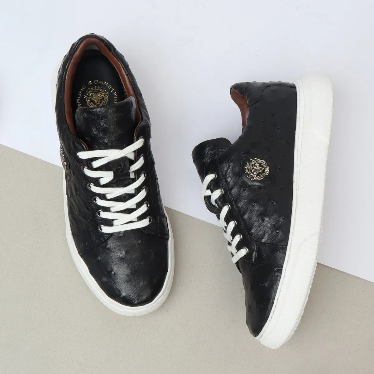 Low Top Sneakers With White Sole in Real Ostrich Black Leather