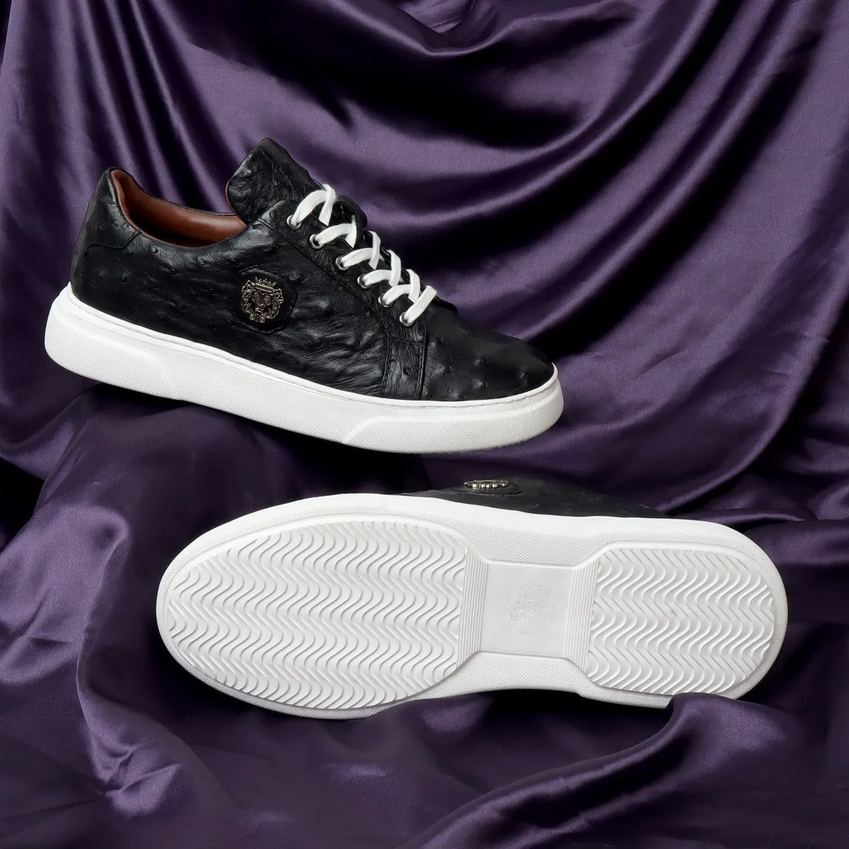 Low Top Sneakers With White Sole in Real Ostrich Black Leather