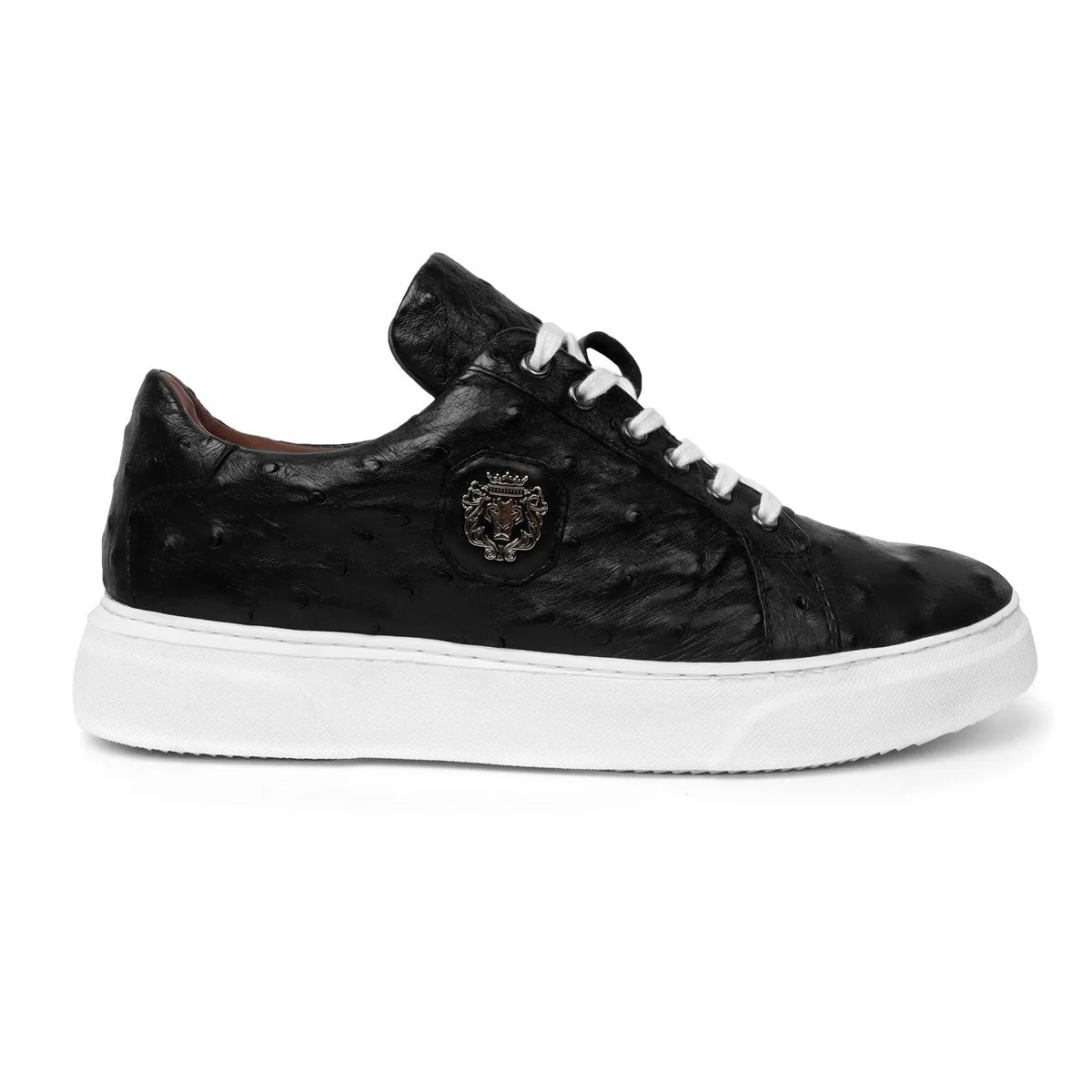 Low Top Sneakers With White Sole in Real Ostrich Black Leather