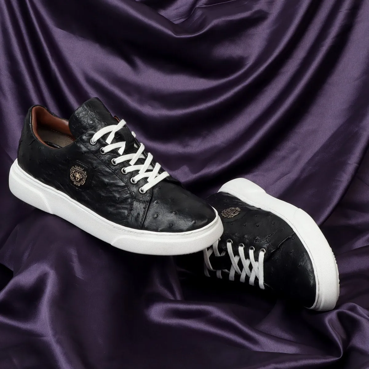 Low Top Sneakers With White Sole in Real Ostrich Black Leather