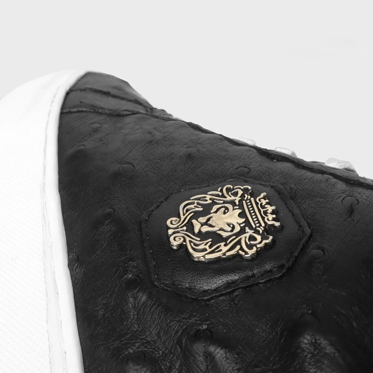 Low Top Sneakers With White Sole in Real Ostrich Black Leather