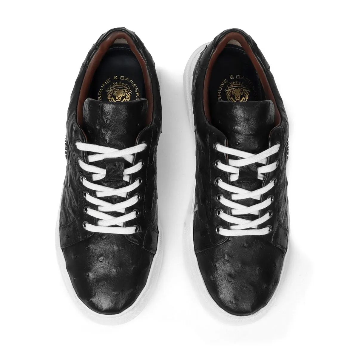 Low Top Sneakers With White Sole in Real Ostrich Black Leather
