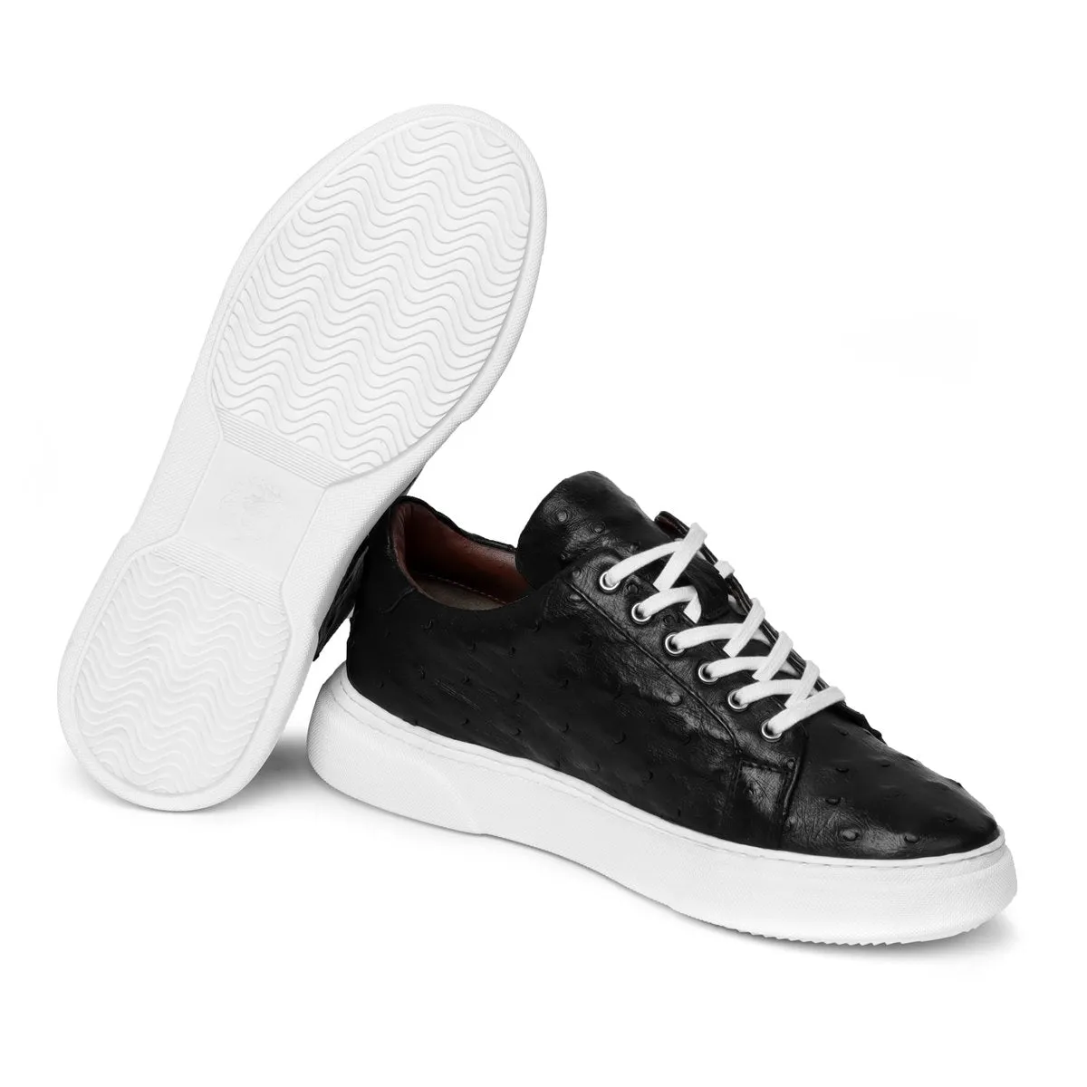 Low Top Sneakers With White Sole in Real Ostrich Black Leather