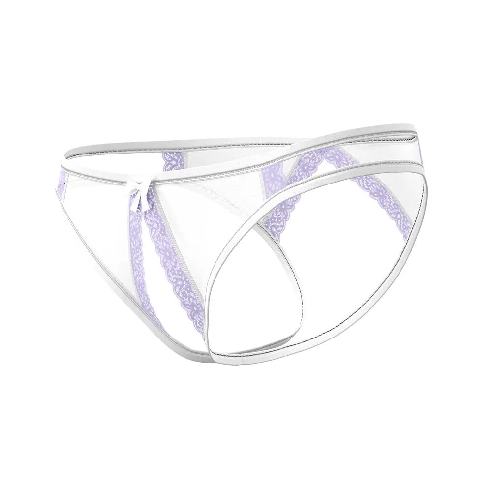 Magic Silk Sheer Passion Crotchless Low Rise Panty White/Lavender Queen Size