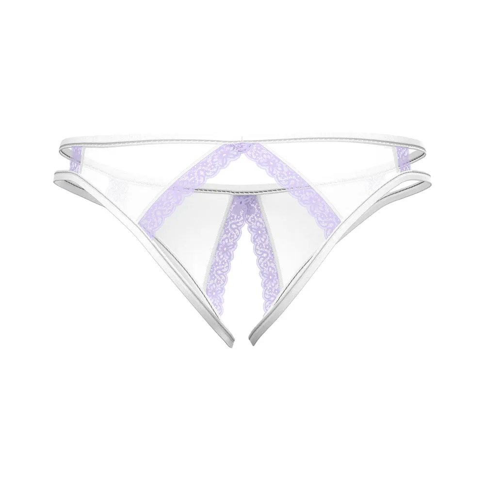 Magic Silk Sheer Passion Crotchless Low Rise Panty White/Lavender Queen Size