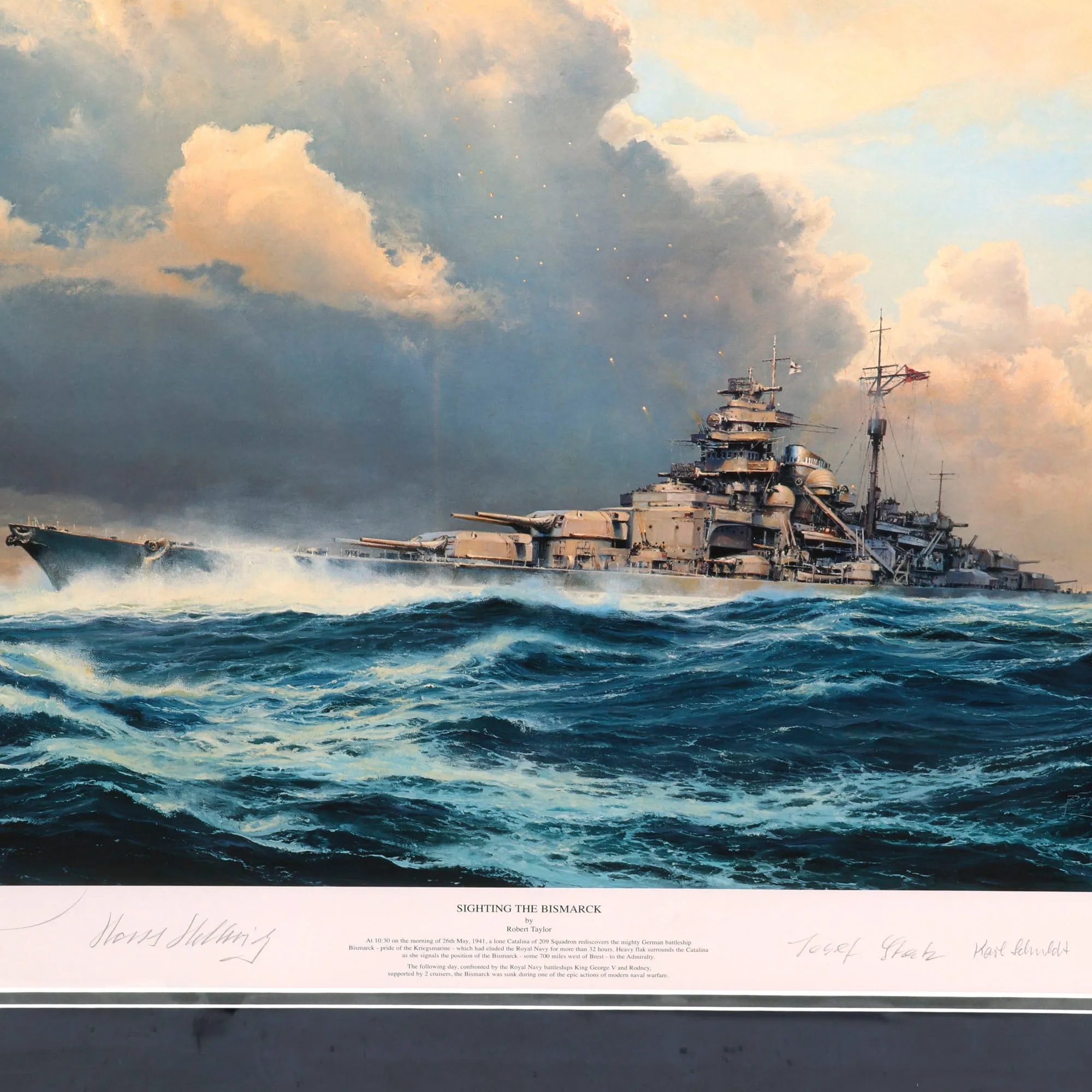 Original Artwork Print: “Sighting the Bismarck” Painting of British Catalina from RAF 209 Squardon over the Battleship; Signed by Artist & 4 Bismarck Survivors - 37" x 28", in Museum Grade Frame