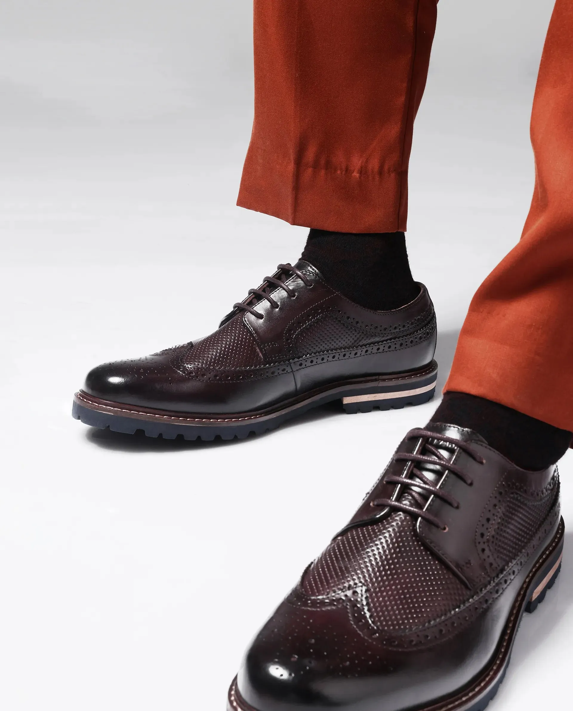 Rare Rabbit Mens Brox Maroon Derby Lace-Up Brogue Detailing Leather Formal Shoes