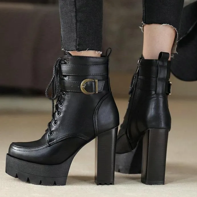 Women fashion lace up buckle strap block heel platform combat boots