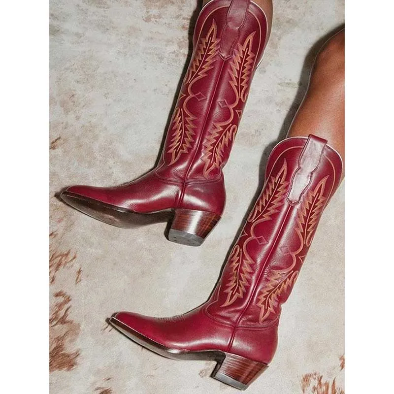 Women Knee High Western Boots Vintage Embroidered Cowboy Boots Wide Calf Cowgirl Boots