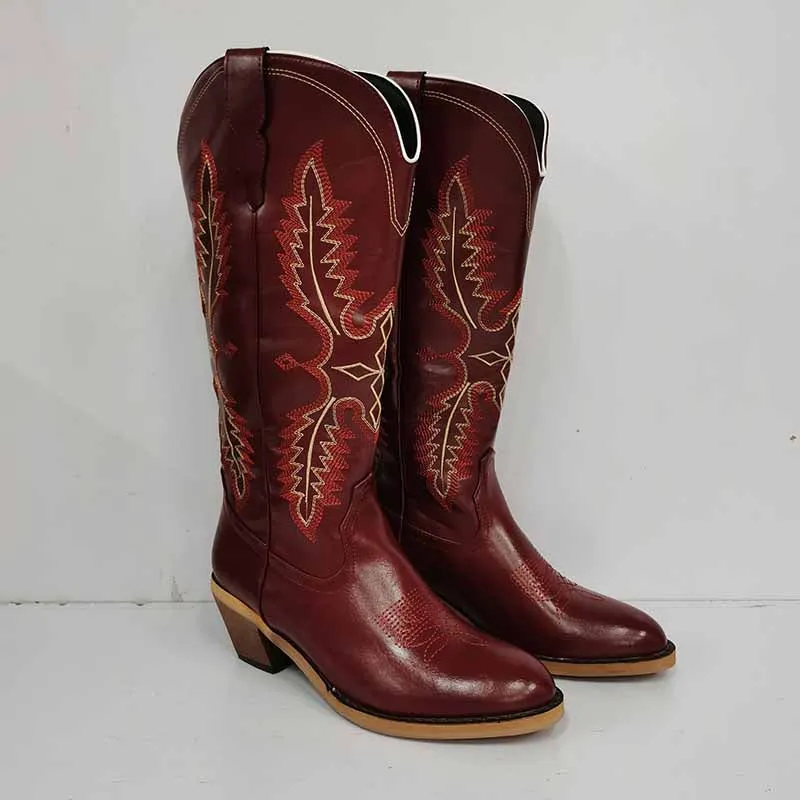 Women Knee High Western Boots Vintage Embroidered Cowboy Boots Wide Calf Cowgirl Boots