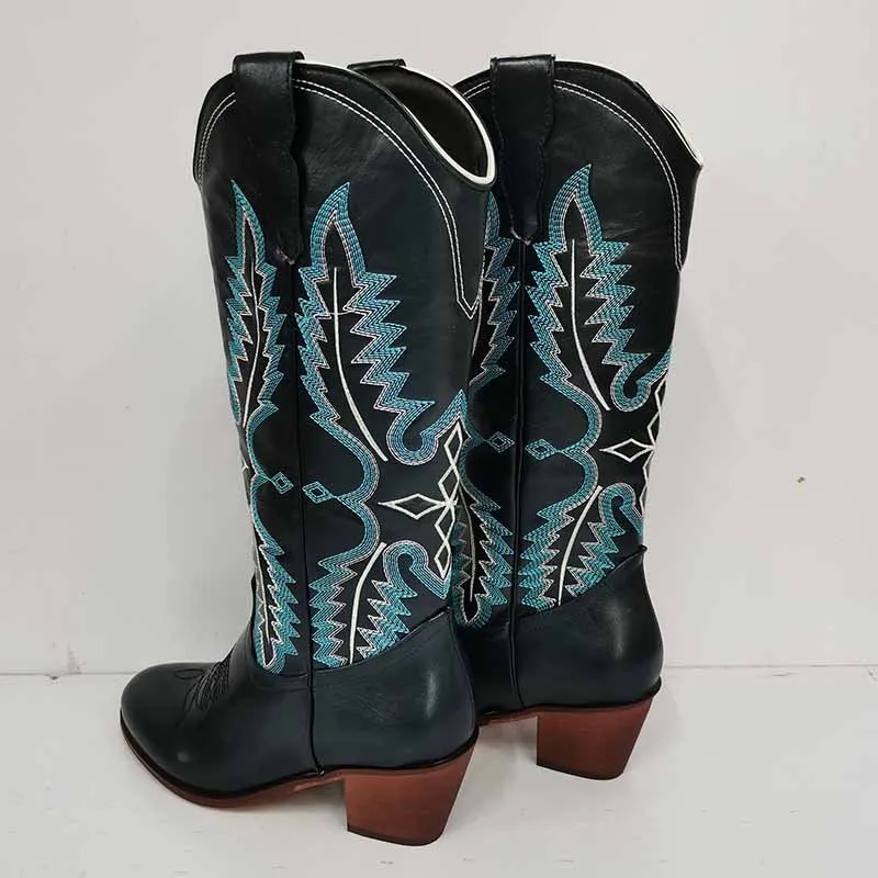 Women Knee High Western Boots Vintage Embroidered Cowboy Boots Wide Calf Cowgirl Boots