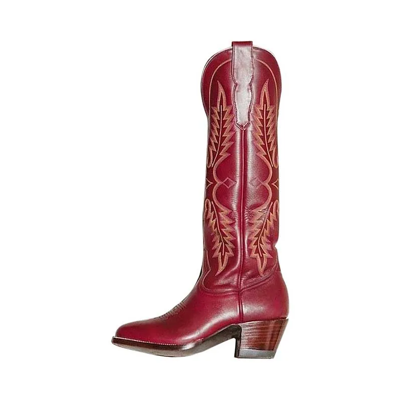 Women Knee High Western Boots Vintage Embroidered Cowboy Boots Wide Calf Cowgirl Boots