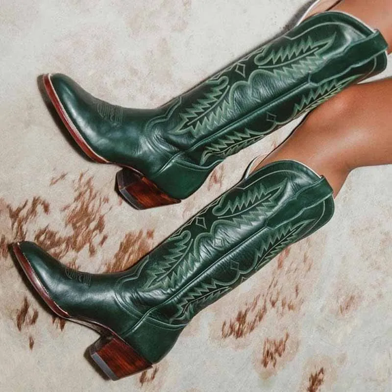 Women Knee High Western Boots Vintage Embroidered Cowboy Boots Wide Calf Cowgirl Boots