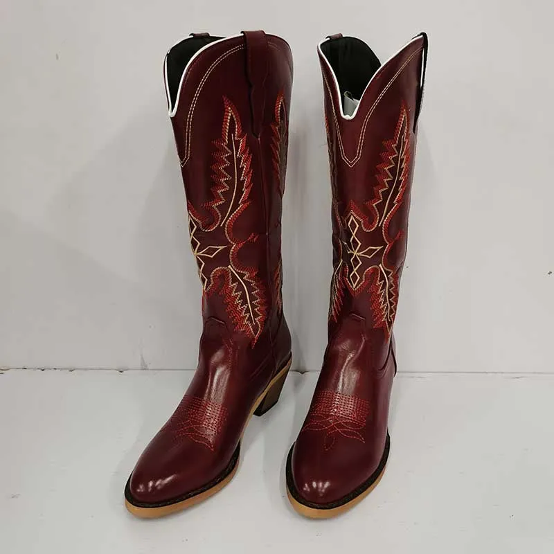 Women Knee High Western Boots Vintage Embroidered Cowboy Boots Wide Calf Cowgirl Boots