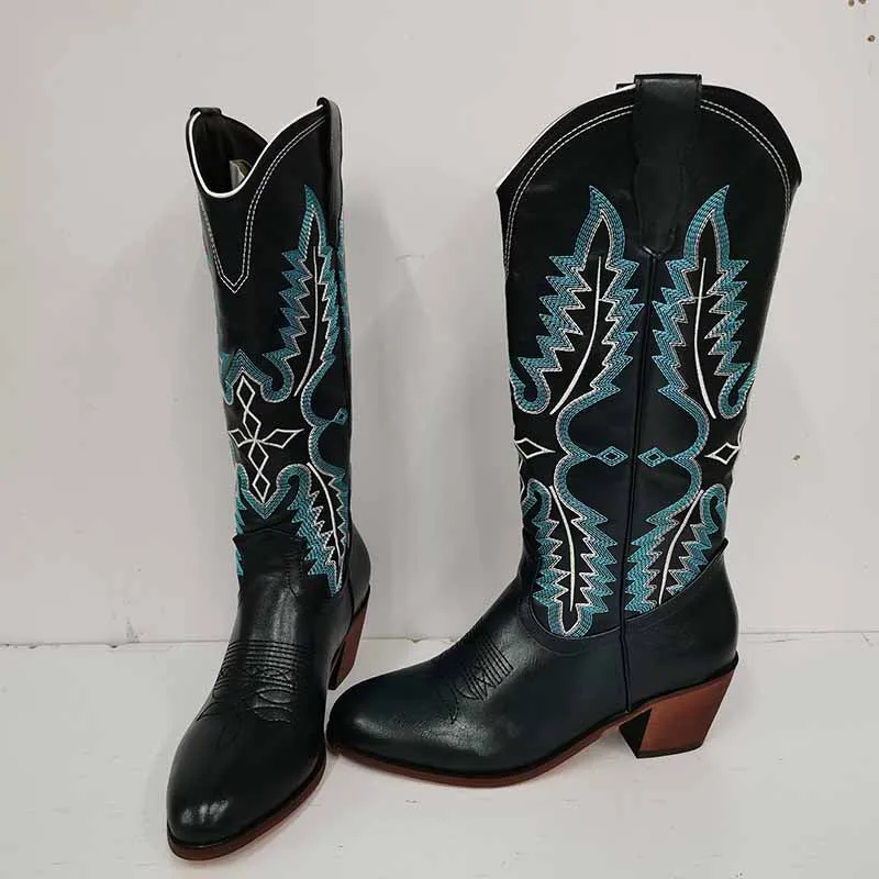 Women Knee High Western Boots Vintage Embroidered Cowboy Boots Wide Calf Cowgirl Boots