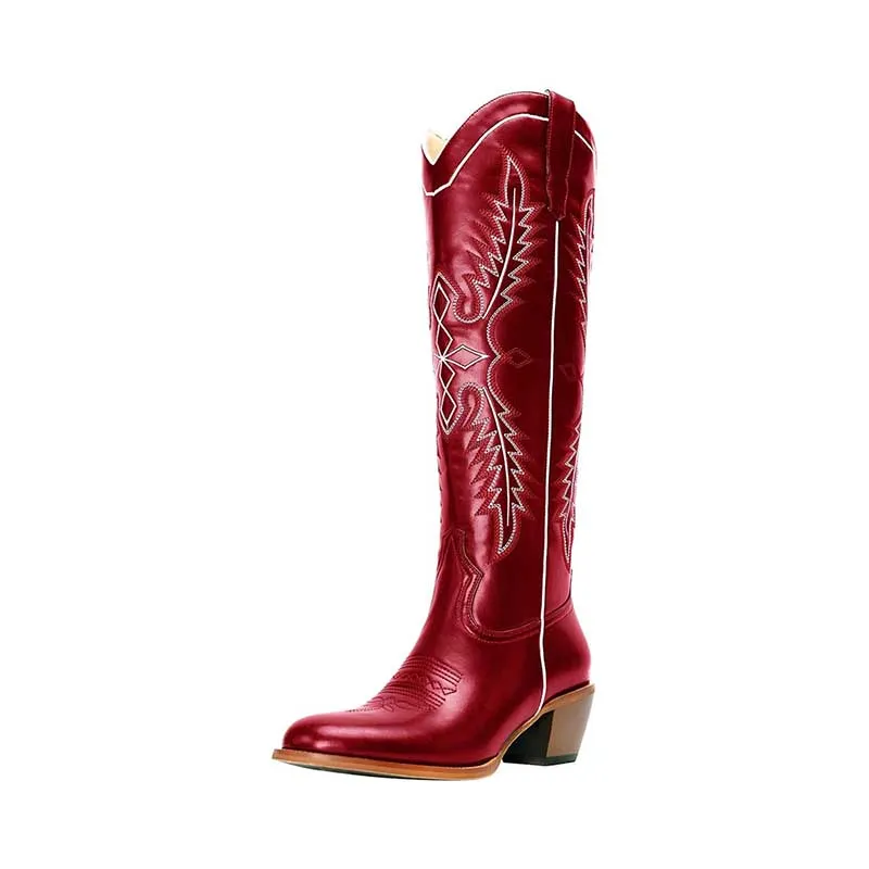 Women Knee High Western Boots Vintage Embroidered Cowboy Boots Wide Calf Cowgirl Boots