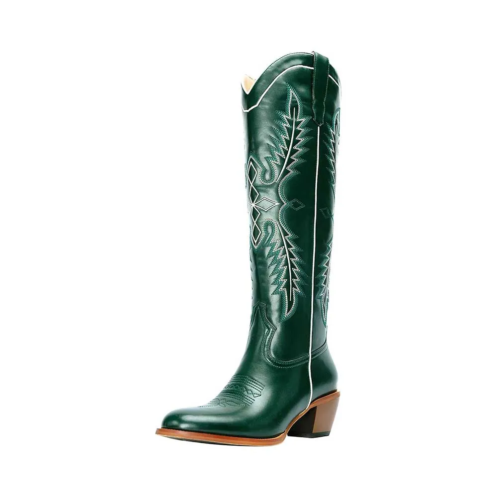 Women Knee High Western Boots Vintage Embroidered Cowboy Boots Wide Calf Cowgirl Boots