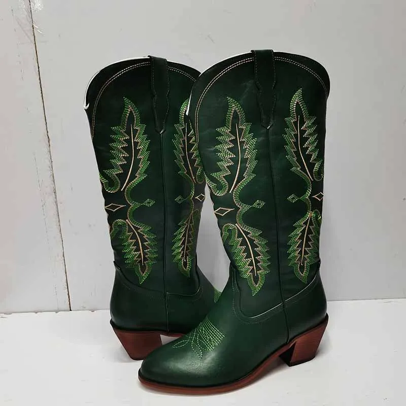 Women Knee High Western Boots Vintage Embroidered Cowboy Boots Wide Calf Cowgirl Boots